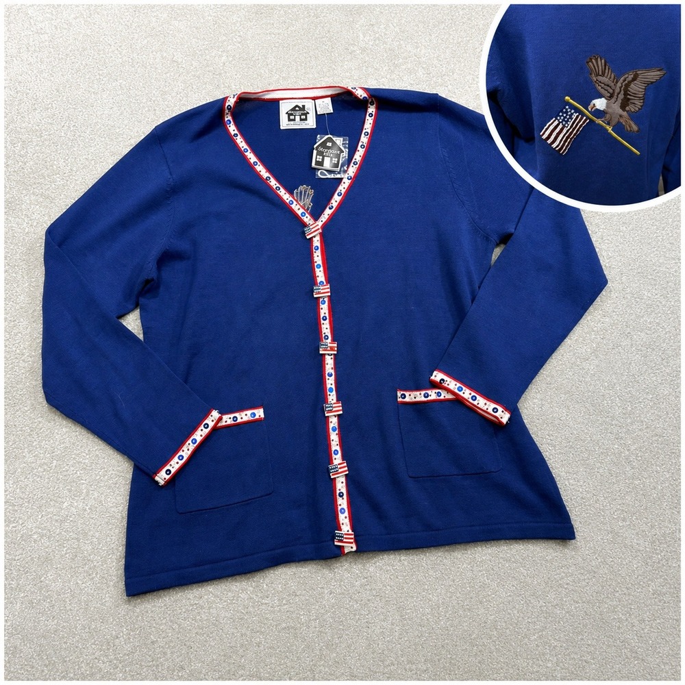 Vtg Y2K Storybook Knits Patriotic Eagle Flag Beaded Cardi NWT 1X Americana USA